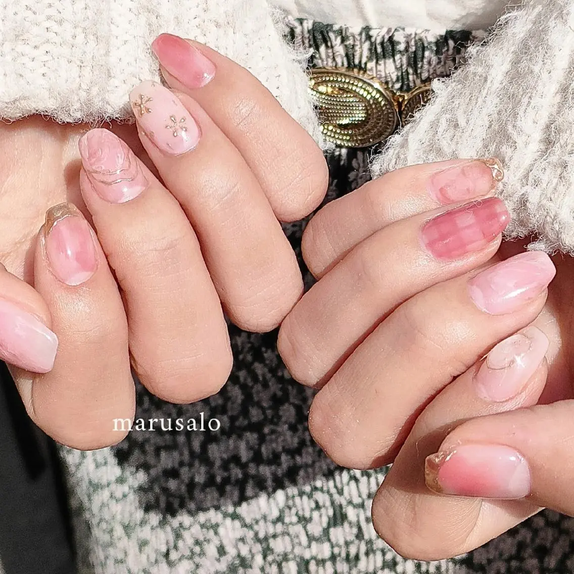 ネイル フラワーネイル ミラーネイル ニュアンスネイル 春ネイル ハンドネイル marusalo nailのネイルデザイン