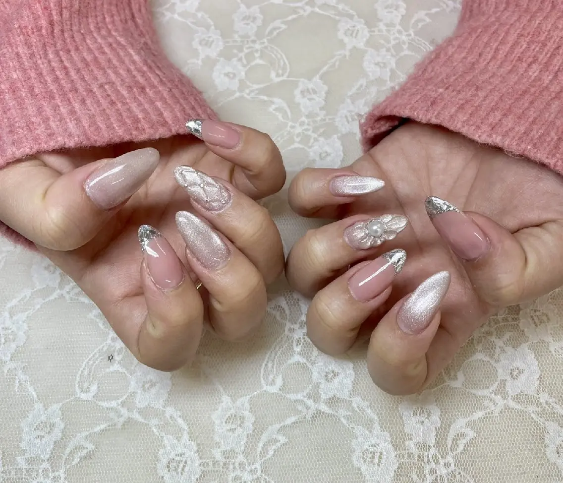 ネイル アートネイル フレンチネイル ガラスフレンチ マグネットネイル ピンク ハンドネイル ハンドケア 心斎橋Salon Epokkuのネイルデザイン