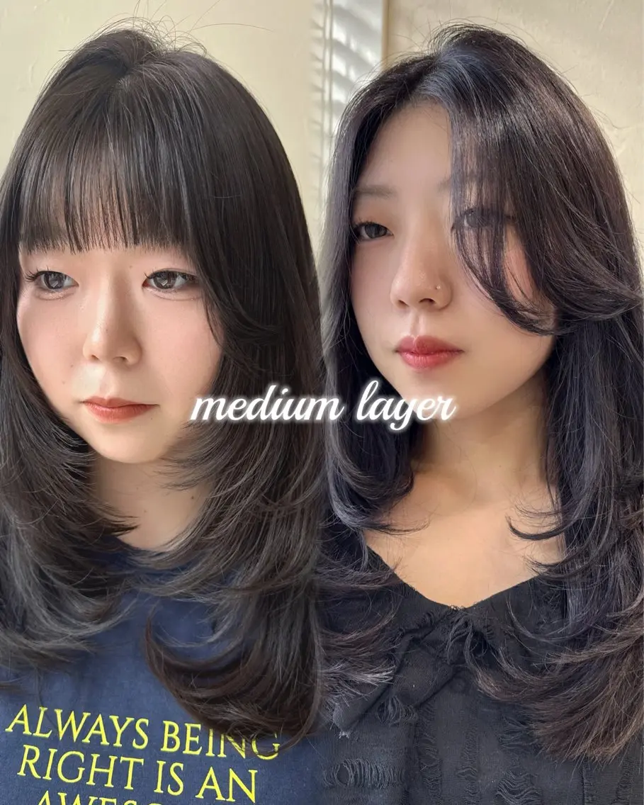 ミディアム ミディアムレイヤー くびれヘア 韓国風ヘア レイヤーカット 小顔カット カット 🌼.*akane 韓国ヘア♡レイヤー♡のヘアスタイル