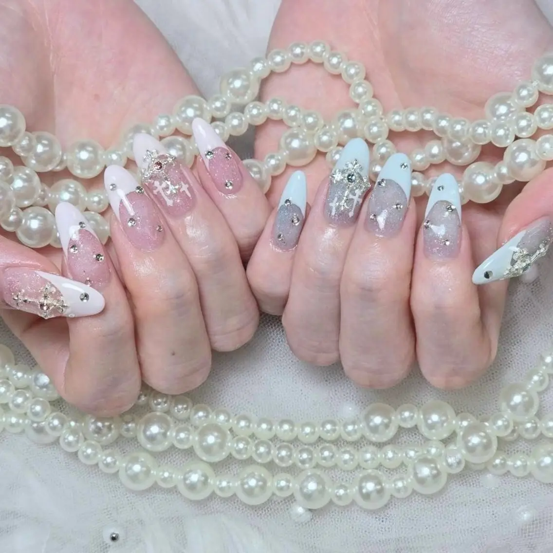 ネイル アートネイル ブルー フレンチネイル ピンク ハンドネイル Nail lieNのネイルデザイン