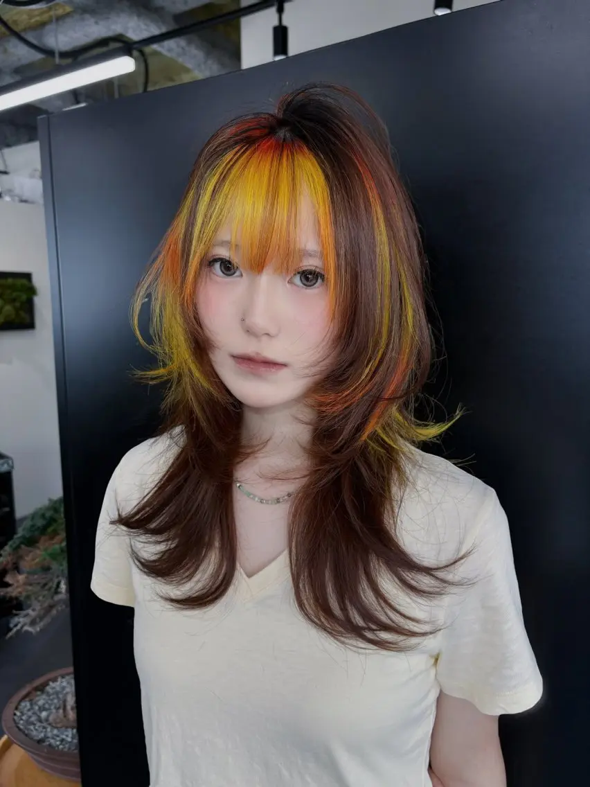 セミロング カラー カット ヘアカラー トリートメント jyui/原宿 ハイトーン/デザインのヘアスタイル