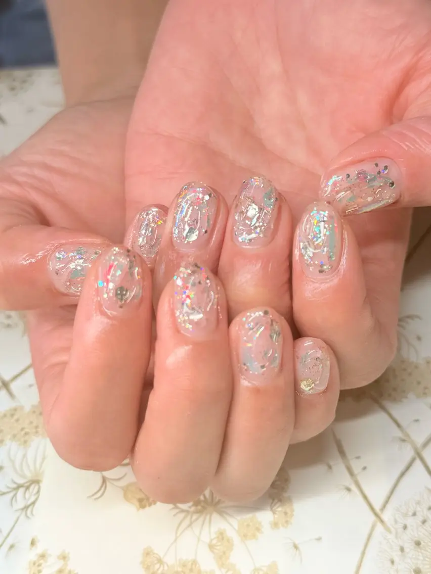 ネイル クリアネイル フラッシュネイル キラキラネイル 夏ネイル ハンドネイル miel nailのネイルデザイン