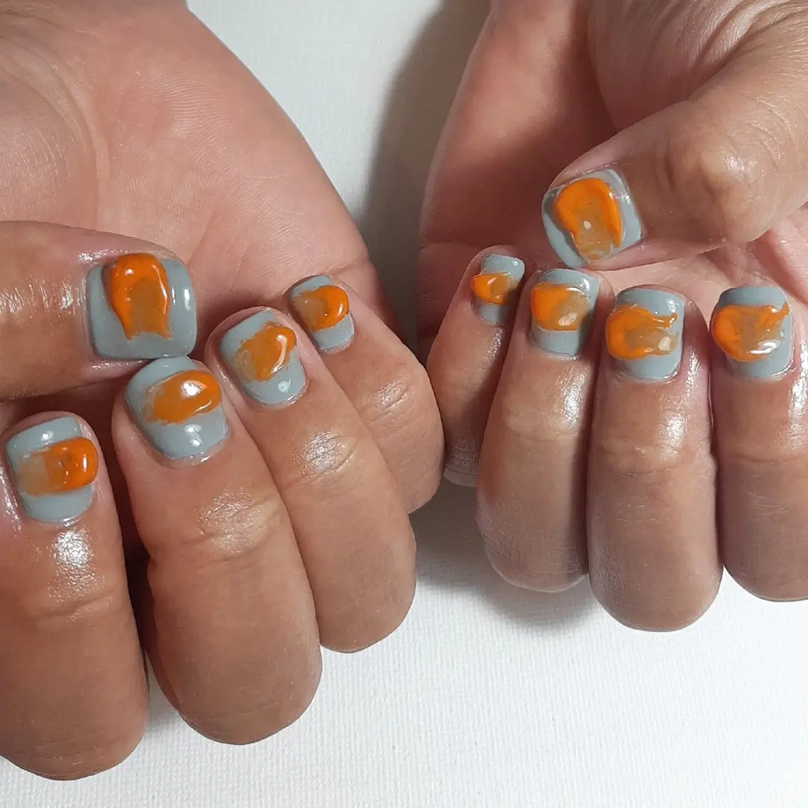 ネイル ブルー ジェルネイル 持ち込み オレンジ ショートネイル owlnail /持込みデザイン専門のネイルデザイン