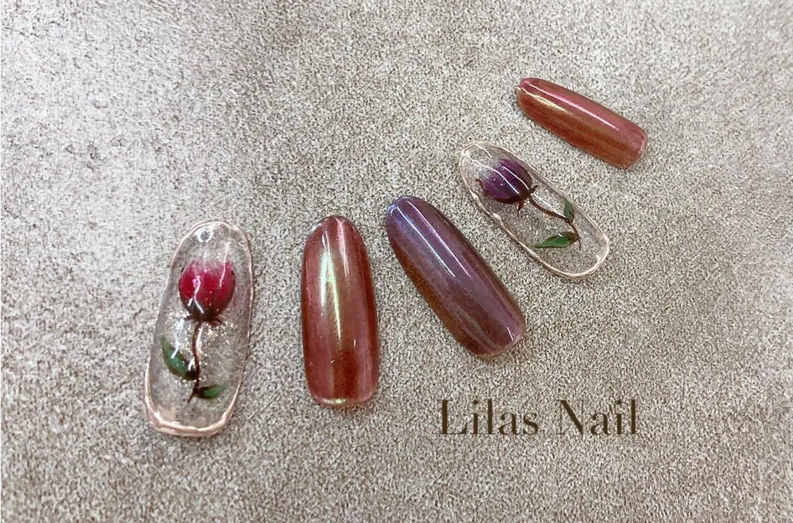 ネイル アートネイル フラワーネイル ジェルネイル ハードジェル ロングネイル Lilas Nailのネイルデザイン