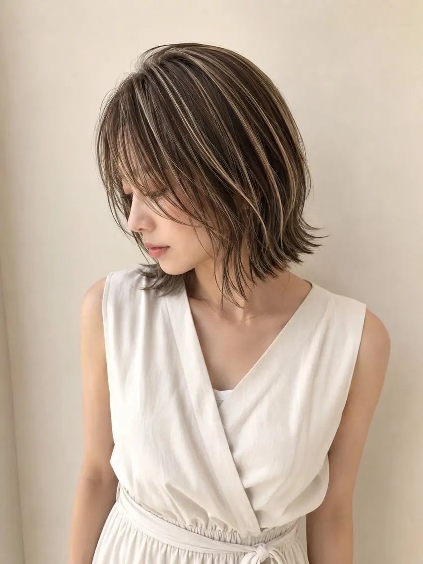 ミディアム カラー ハイライトカラー 顔まわりレイヤー 外国人風カラー ハイライト レイヤーカット カット ヘアカラー トリートメント 海外風レイヤーカット 👑店長 平松 由のヘアスタイル