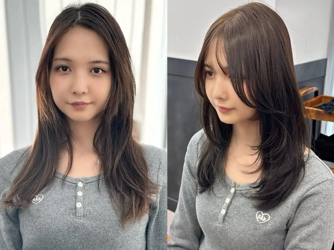 セミロング カラー パーマ ヘアアレンジ メンズ キッズ レイヤーカット／ 巻ける縮毛矯正のヘアスタイル
