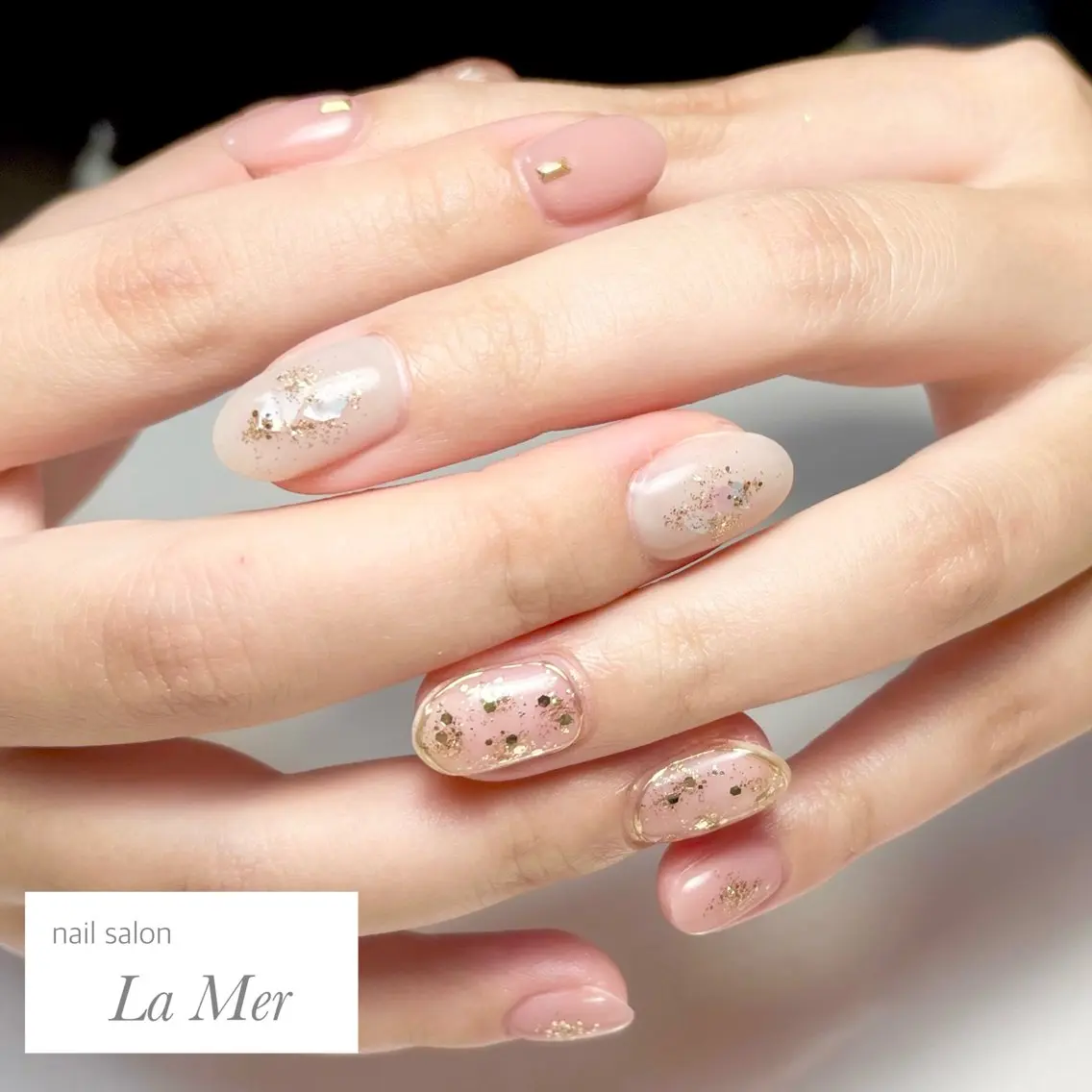 ネイル クリアネイル ゴールド ラメ(グリッター) オフィスネイル ピンク ハンドネイル nailsalon La Merのネイルデザイン