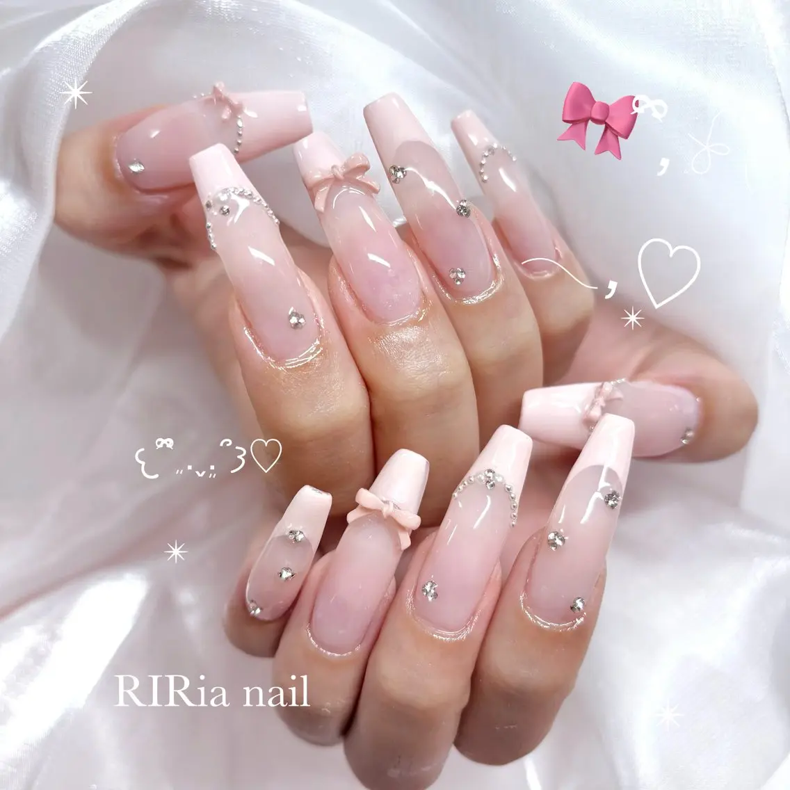ネイル ガーリー ピンク ピンクベージュ リボン ハンドネイル 🎀RIRia nail🎀のネイルデザイン