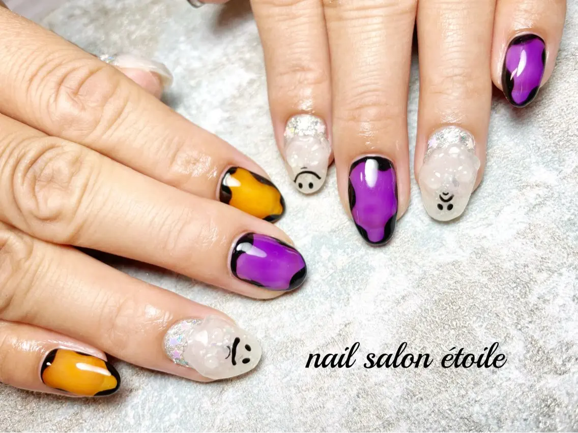 ネイル ハロウィン オレンジ ぷっくりネイル パープル ハンドネイル nail salon étoileのネイルデザイン