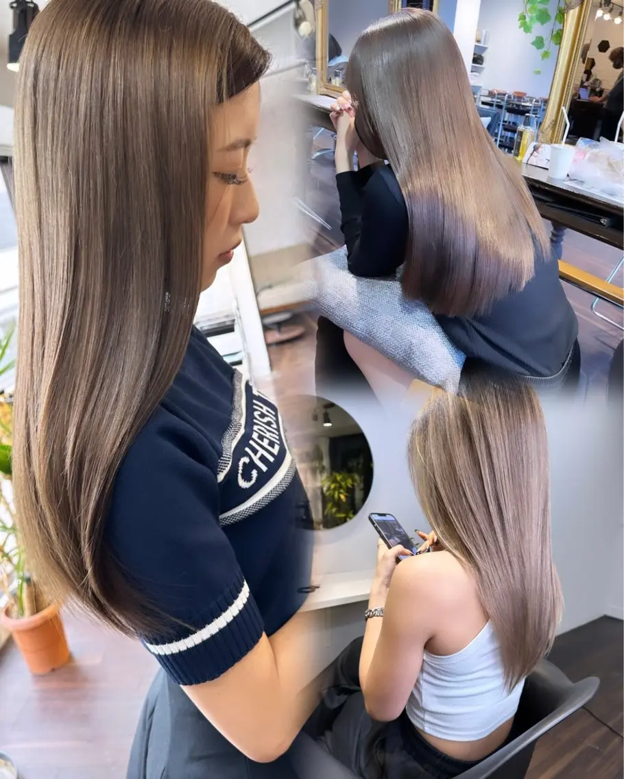 ロング カラー ヘアアレンジ ベージュカラー ブリーチ イヤリングカラー ハイトーンカラー ミルクティーベージュ カット ヘアカラー トリートメント 髪質改善/レイヤー 縮毛矯正/ケラチン耀のヘアスタイル