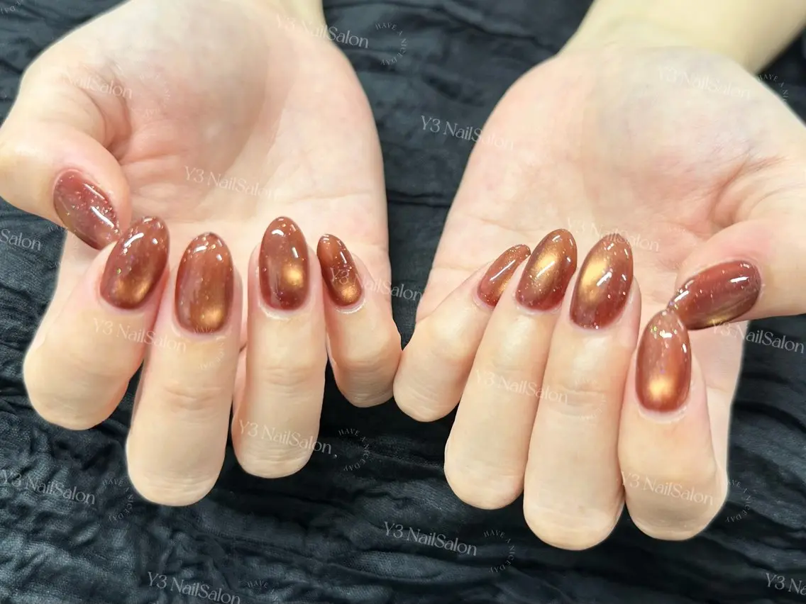 ネイル ブラウン ゴールド マグネットネイル シンプルネイル ハンドネイル Y3 NailSalonのネイルデザイン