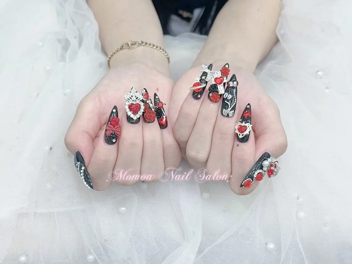 ネイル 成人式 大理石ネイル(マーブル) リボン 夏ネイル ネイルチップ ハンドネイル MoMoA Nail ネイル長さ出し専門店のネイルデザイン