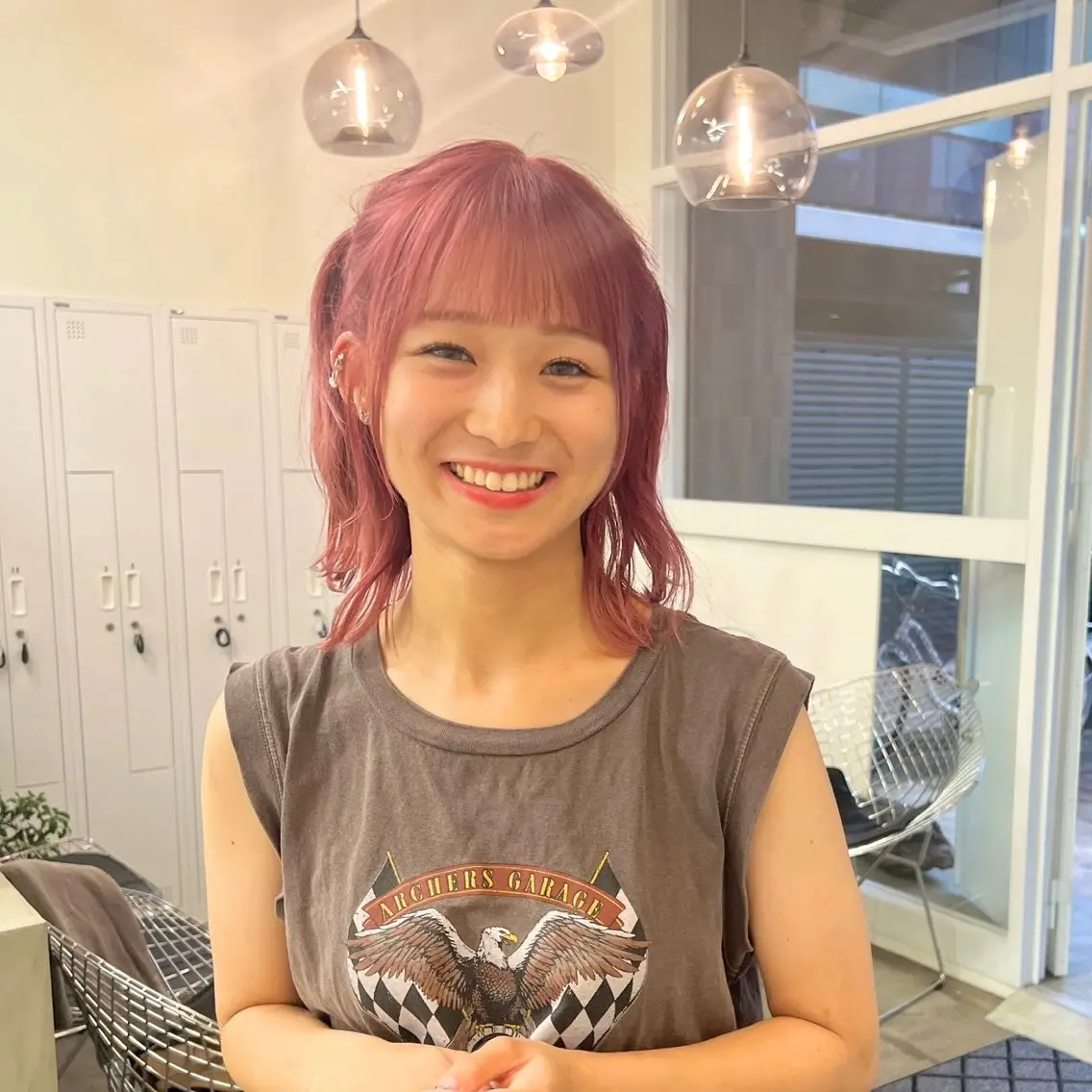 ミディアム カラー ハイトーンカラー ピンクカラー クロスパーマ× 透明感カラー✂︎のヘアスタイル
