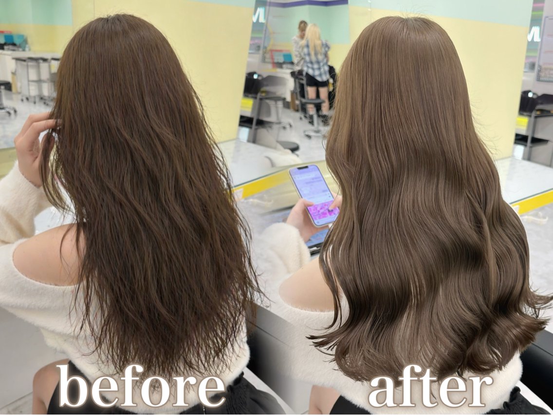 ロング カラー カット ヘアカラー 縮毛矯正 トリートメント ブリーチ縮毛矯正🤍 韓国レイヤー🫧飛我のヘアスタイル