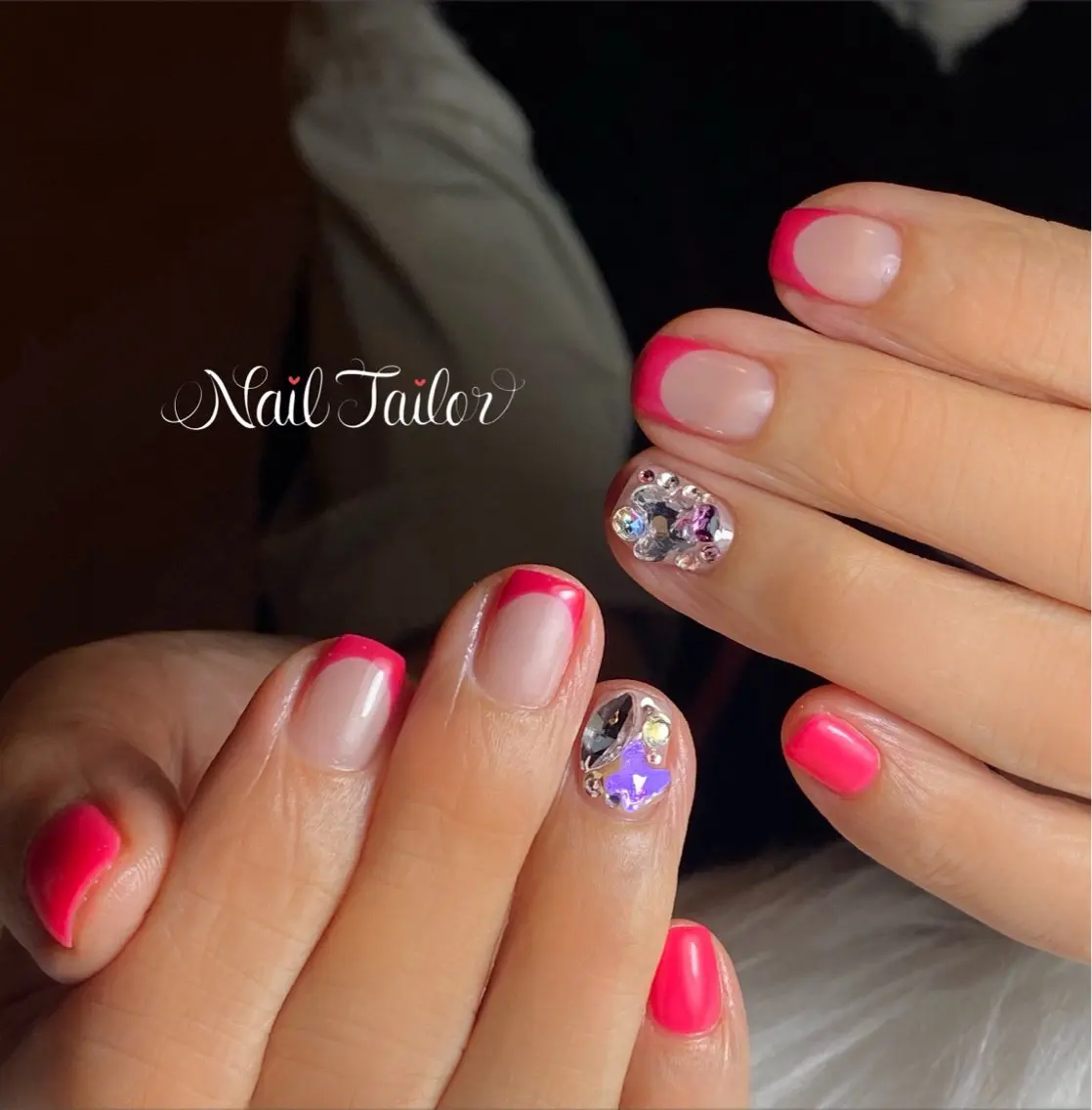 ネイル フレンチネイル ジェルネイル ワンカラーネイル ピンク 赤色 ハンドネイル NailTailor ネイルテイラーのネイルデザイン