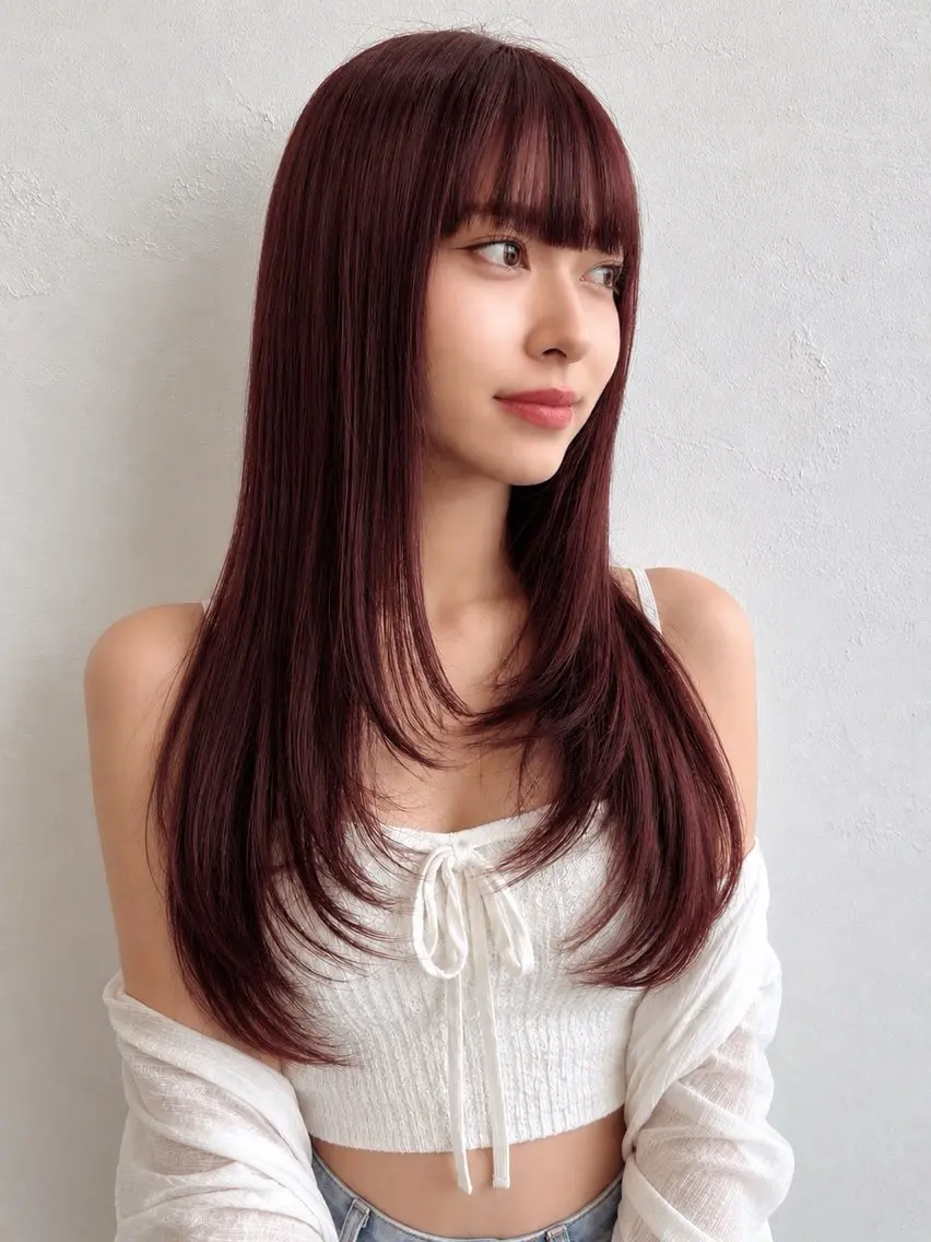 ロング カラー レッドカラー ハッシュカット レイヤーカット カット ヘアカラー トリートメント 藤間 帆乃夏（とうまほのかのヘアスタイル