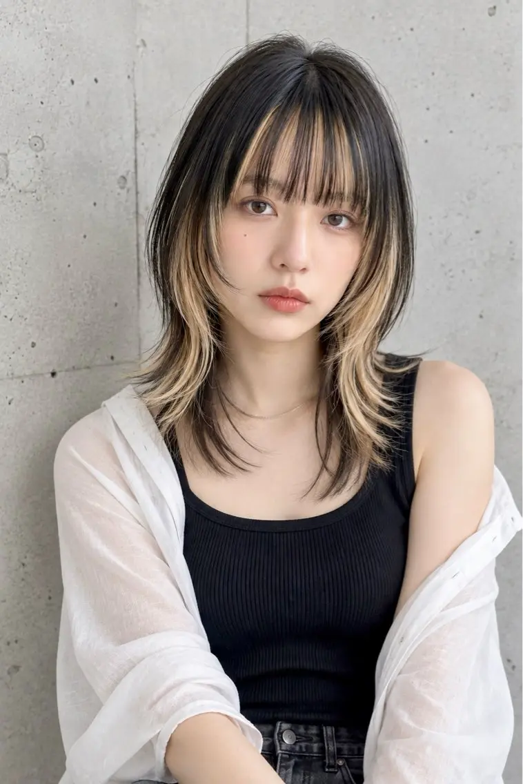 ミディアム ミストバング くびれヘア 顔周りカット くびれレイヤー レイヤーカット ヘアカラー トリートメント ケアブリーチ 髪質改善/池袋のヘアスタイル