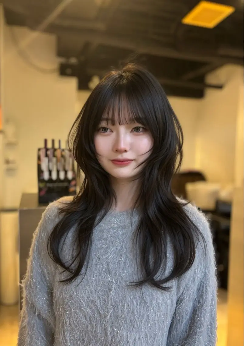 ロング 顔周りカット 韓国風ヘア レイヤーカット シャギー ウルフカット トリートメント レイヤーカット/ダブ ルカラー/フウカ🤍のヘアスタイル