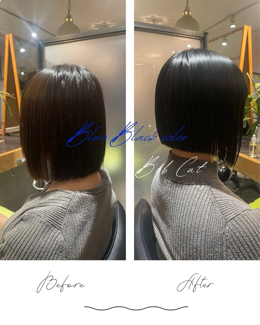 ショート カラー 前下がりボブ 黒髪 ブルーカラー ブルーブラック 透明感カラー カット ヘアカラー トリートメント 原田涼香/ボブ✂️ メンズカット/大船のヘアスタイル