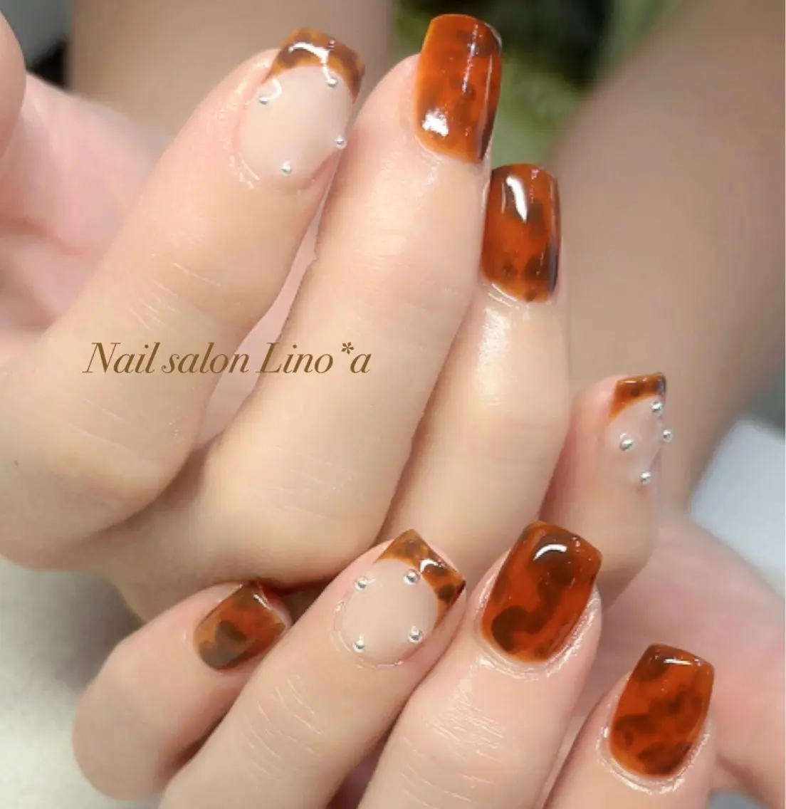 ネイル べっ甲ネイル クリアネイル フレンチネイル シルバー ハンドネイル Nail salon Lino*aのネイルデザイン