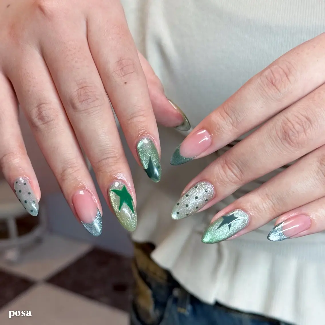 ネイル グリーン マグネットネイル 持ち込み シンプルネイル ハンドネイル posa nail モエミのネイルデザイン