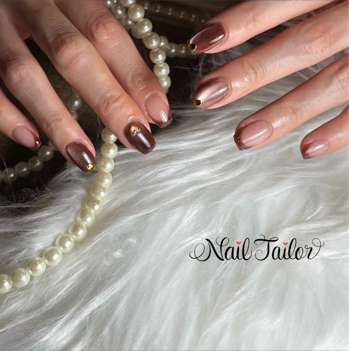ネイル ブラウン フレンチネイル キラキラネイル マグネットネイル ワンカラーネイル ハンドネイル NailTailor ネイルテイラーのネイルデザイン