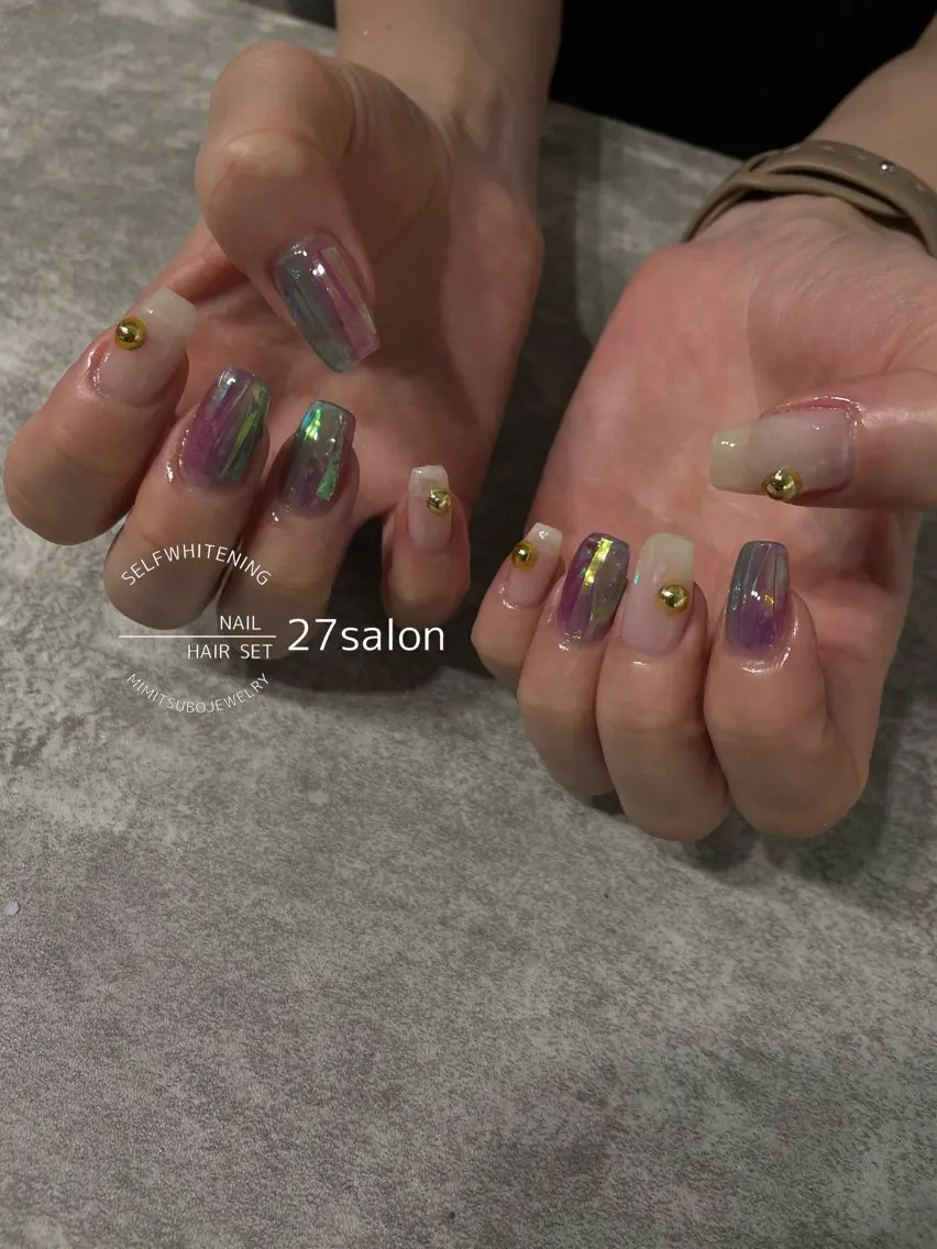 ネイル オーロラネイル 氷ネイル・うるうるネイル ハンドネイル 27salon yuinaのネイルデザイン