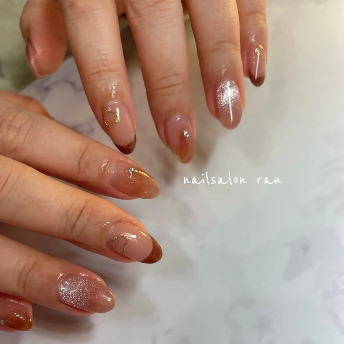 ネイル ブラウン フレンチネイル マグネットネイル バレンタイン ハンドネイル nailsalon ranのネイルデザイン
