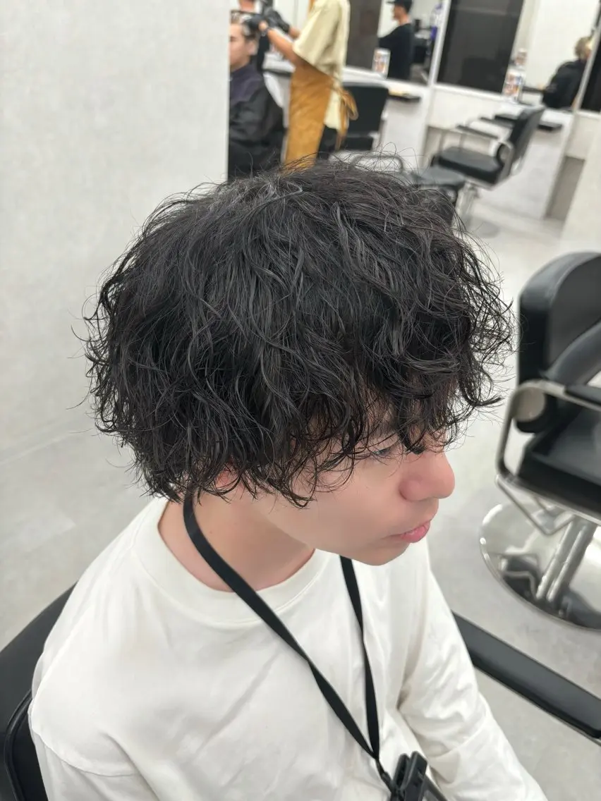 ミディアム パーマ メンズ ミディアムパーマ センターパート マッシュウルフ マッシュ メンズパーマ カット パーマ ✨️センターパート/ 曲がる縮毛矯正✨️のヘアスタイル