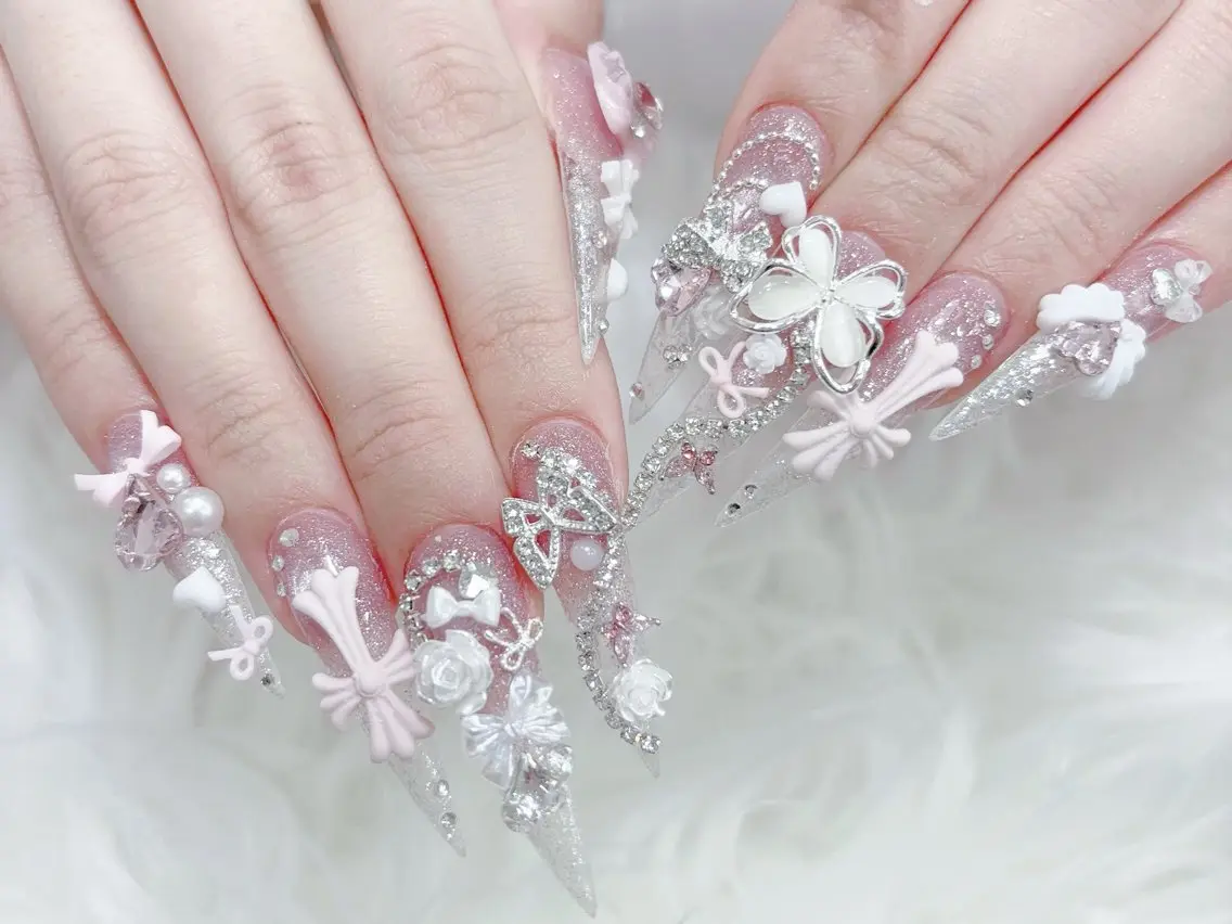 ネイル 成人式 マグネットネイル 大理石ネイル(マーブル) リボン 夏ネイル ハンドネイル MoMoA Nail ネイル長さ出し専門店のネイルデザイン