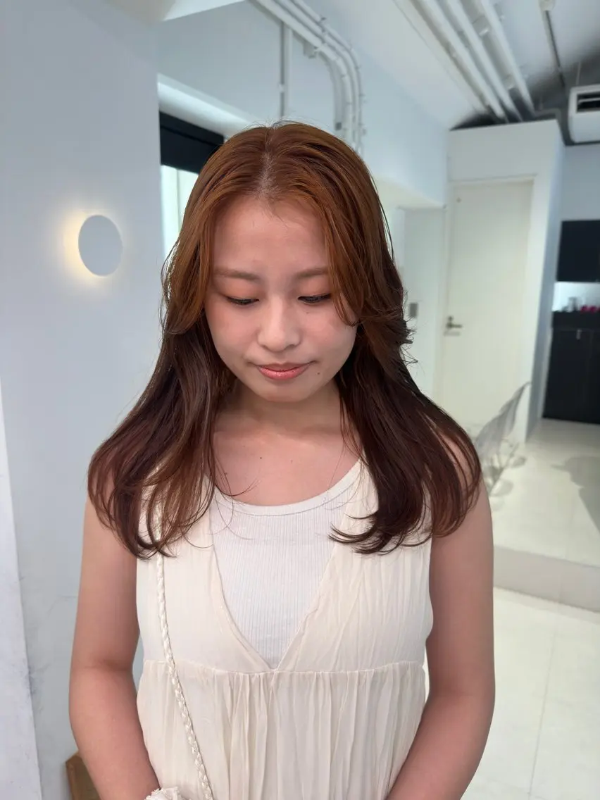 セミロング カラー ブリーチ ハイトーンカラー ブリーチなしカラー オレンジ ボブ カット ヘアカラー トリートメント REINA☁️透明感 カラー/ぷつっと♡のヘアスタイル