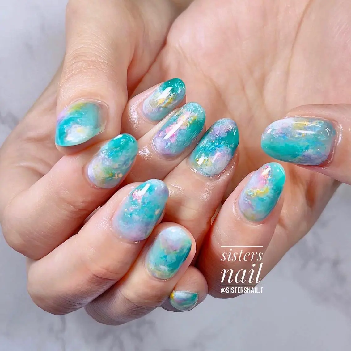 ネイル アートネイル ブルー キラキラネイル ピンク 夏ネイル sisters nail.fのネイルデザイン
