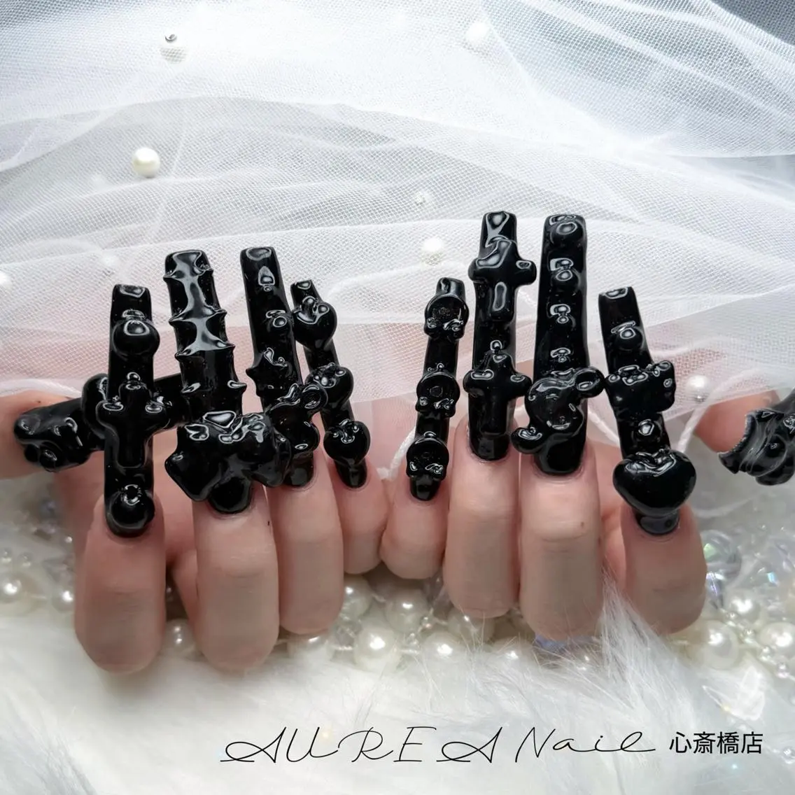 ネイル アートネイル ボルドー 長さ出し ハロウィン キラキラネイル ハンドネイル H-nail ロング/3D/Y2Kのネイルデザイン