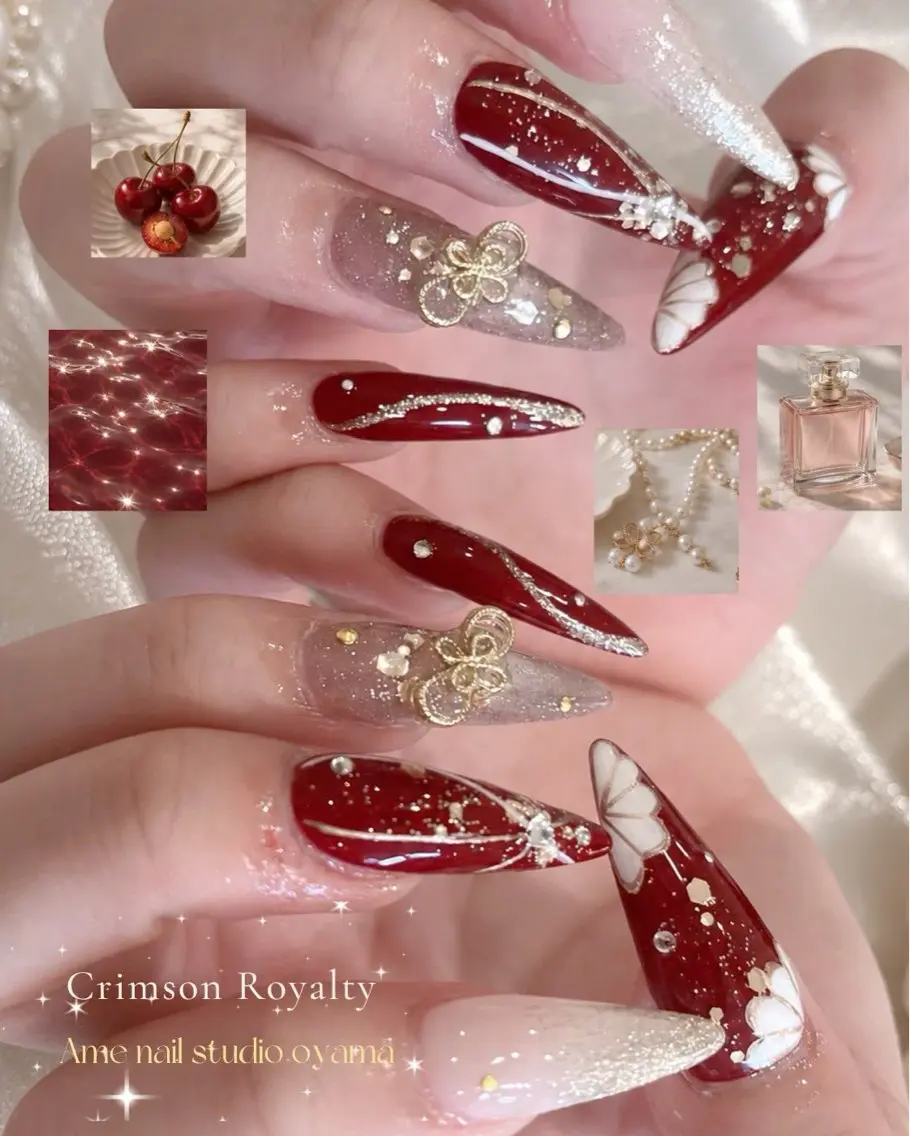ネイル ゴールド ラメ(グリッター) 赤色 ハンドネイル ハンドケア AME NAIL STUDIO小山店のネイルデザイン