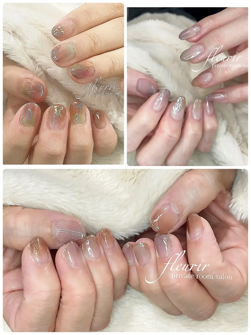 ネイル アートネイル ブラウン ゴールド ラメ(グリッター) ミラーネイル フルリール 【プライベートサロンのネイルデザイン