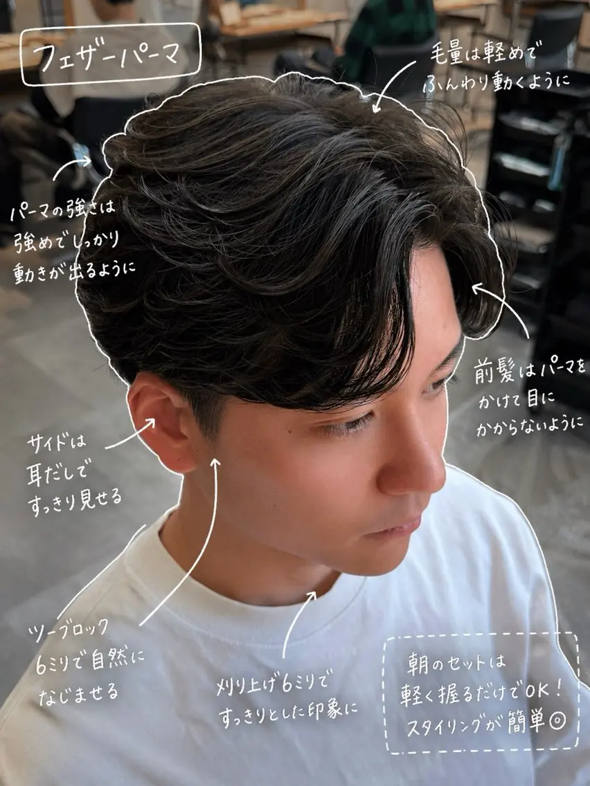 パーマ メンズ センターパート フェザーパーマ メンズパーマ カット パーマ 韓国ヘア/メン ズパーマ特化/下田のヘアスタイル
