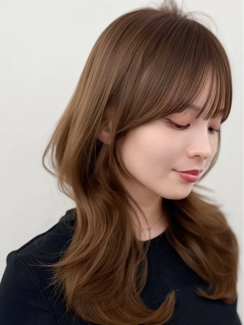 セミロング 韓国風ヘア レイヤーカット カット 割れない顔まわり× 小顔補正レイヤー難波のヘアスタイル