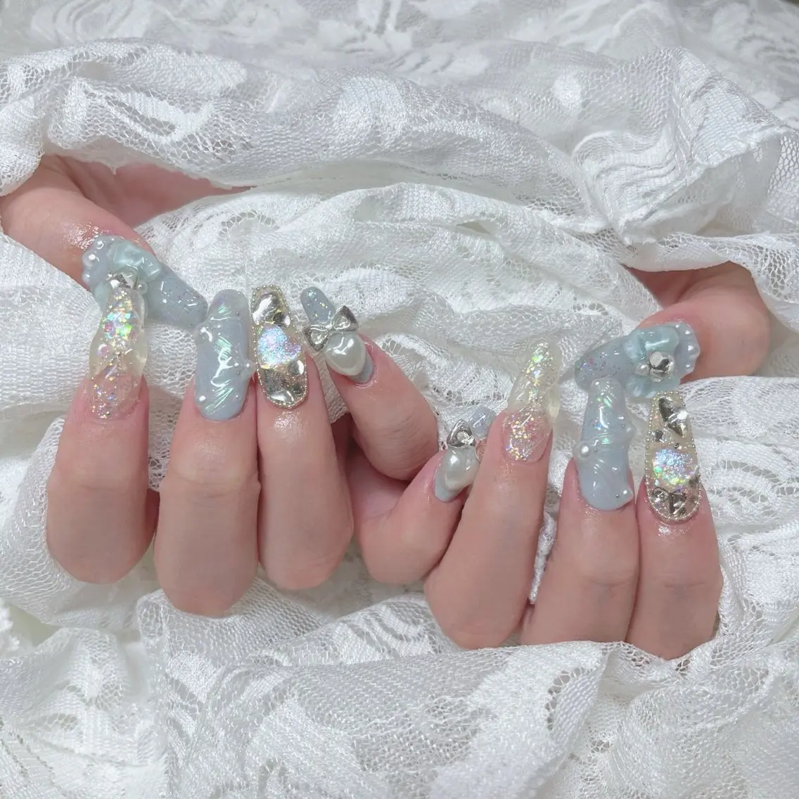 ネイル ブルー クリアネイル ジェルネイル レース リボン ハンドネイル Nail lieNのネイルデザイン