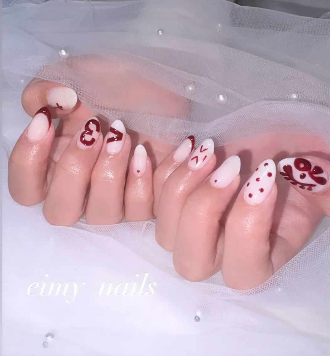 ネイル アートネイル ドット フレンチネイル ハート 赤色 ハンドネイル eimy nails♡のネイルデザイン