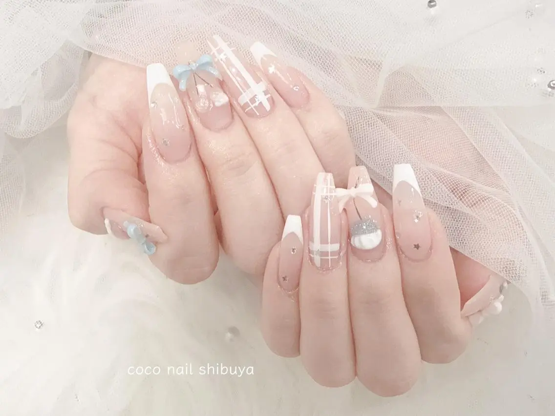 ネイル 成人式 大理石ネイル(マーブル) リボン 夏ネイル ネイルチップ ハンドネイル Mei Salon 長さ出し専門店のネイルデザイン