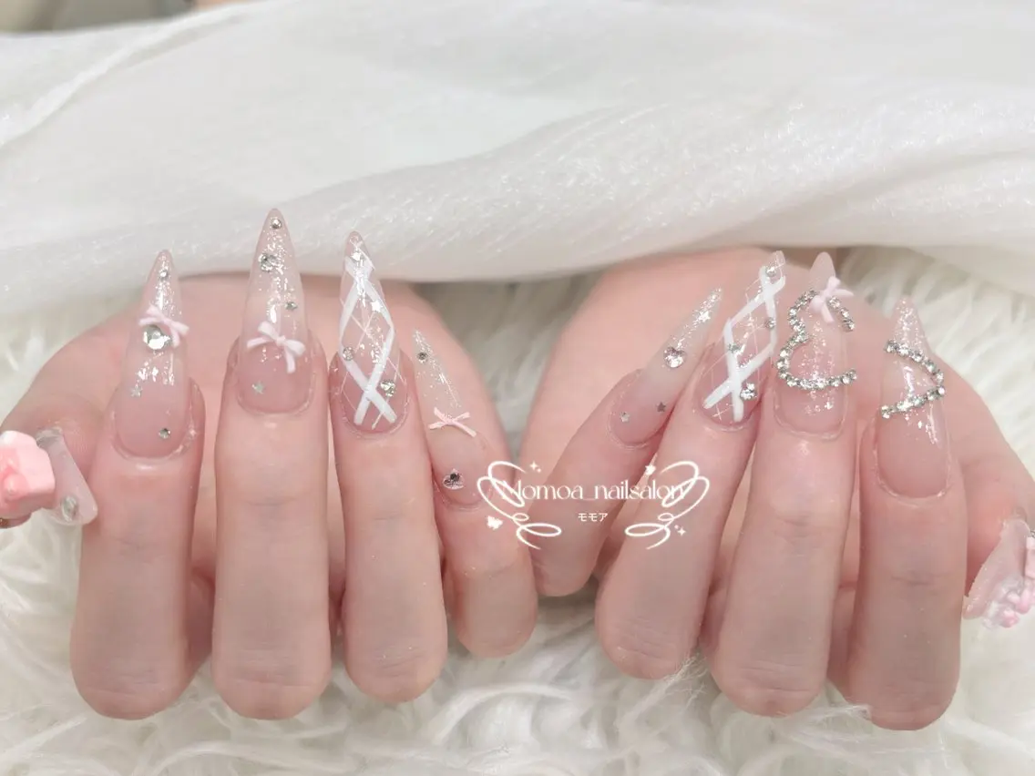 ネイル 成人式 大理石ネイル(マーブル) リボン 夏ネイル ネイルチップ ハンドネイル MoMoA Nail ネイル長さ出し専門店のネイルデザイン