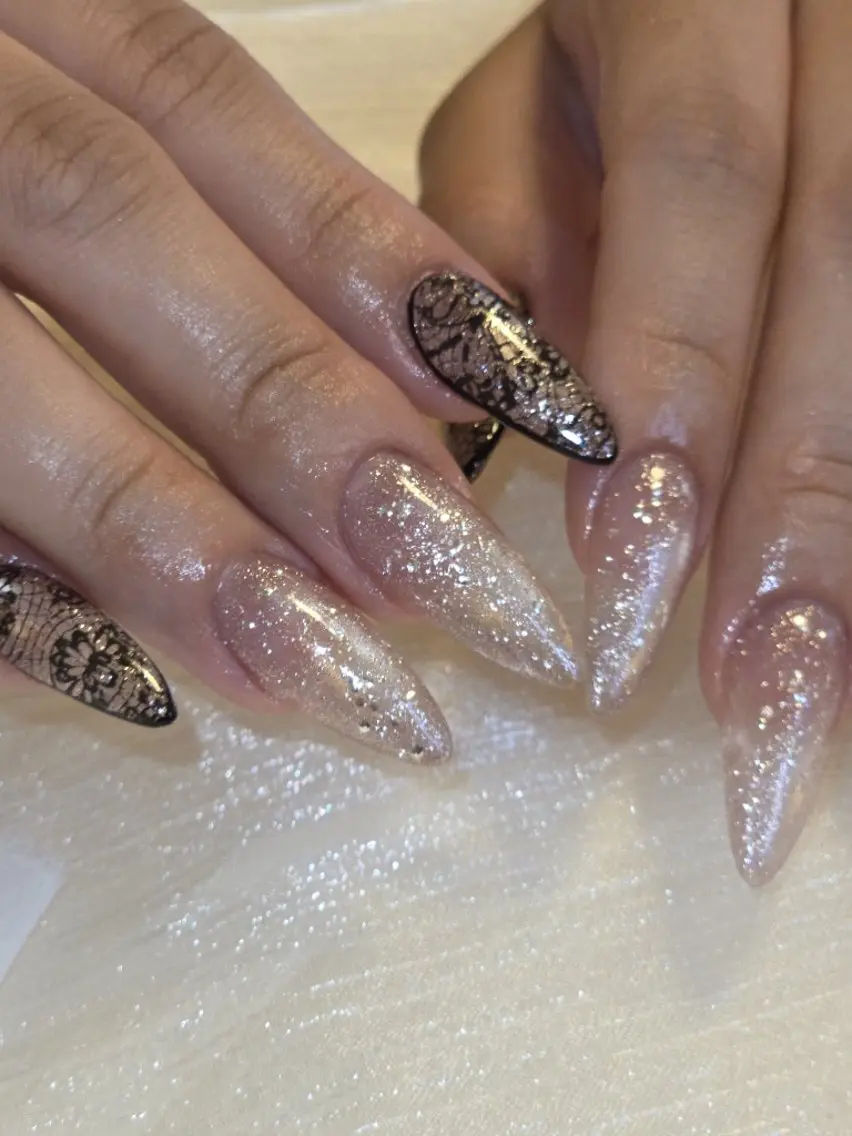 ネイル アートネイル 長さ出し レース マグネットネイル スカルプネイル ハンドネイル Lady Nail Kiyokaのネイルデザイン