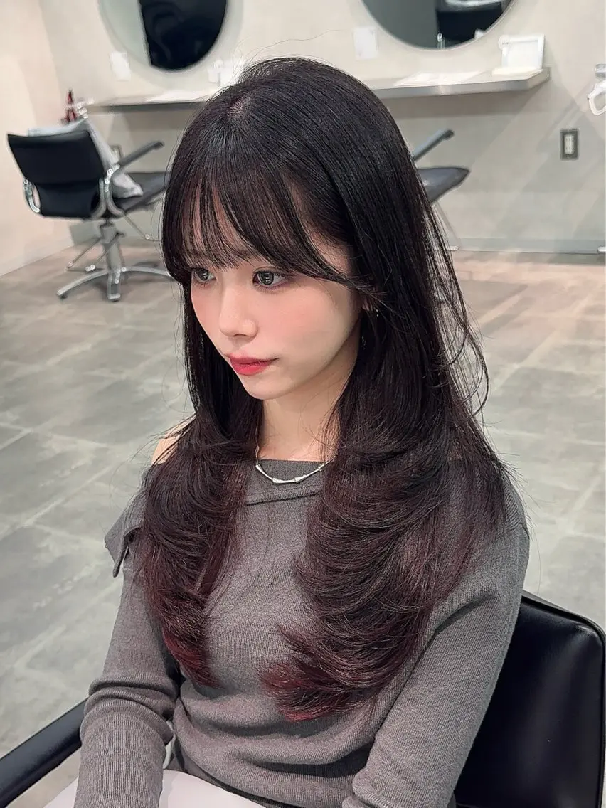 ロング カラー レッドカラー レイヤーカット カット ヘアカラー トリートメント 韓国レイヤーカット /千葉/shimonのヘアスタイル
