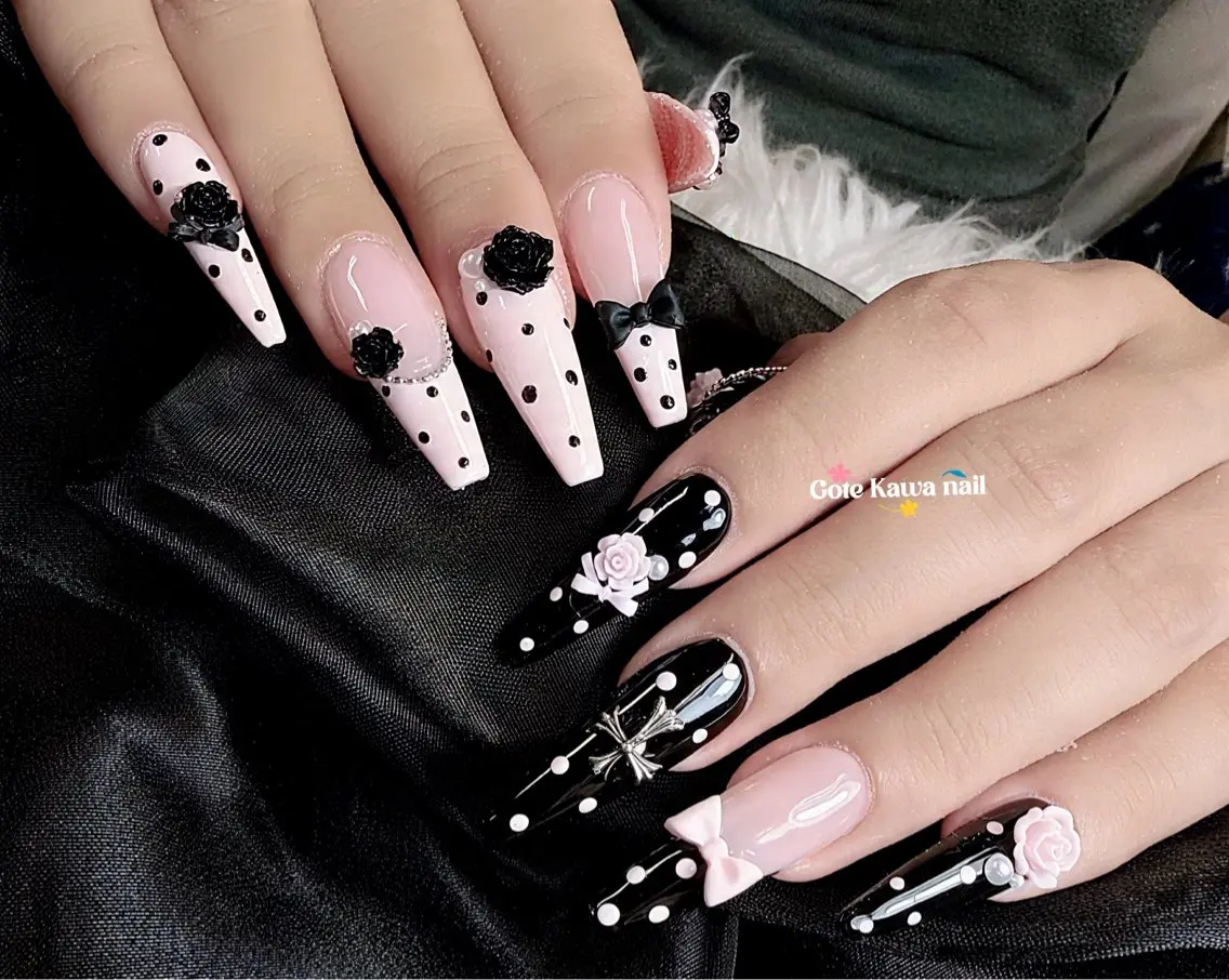 ネイル ドット フラワーネイル フレンチネイル ピンク リボン ハンドネイル ハンドケア Gote Kawa nail salonのネイルデザイン
