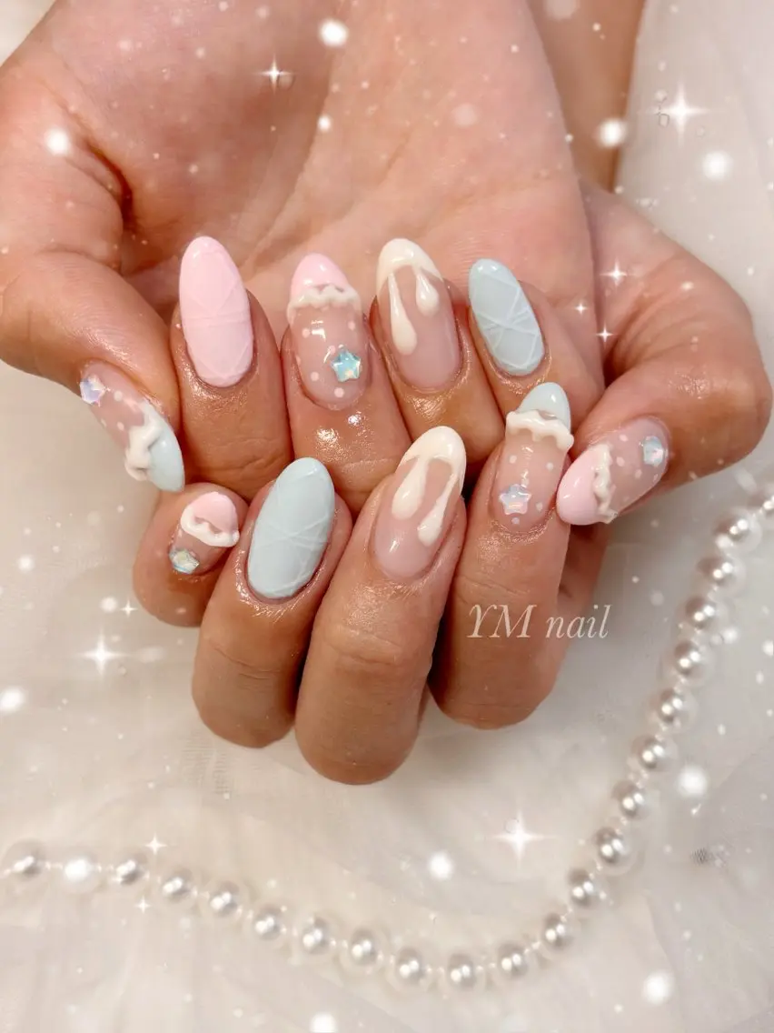 ネイル ドット フレンチネイル ガーリー リボン ハンドネイル YM nailのネイルデザイン