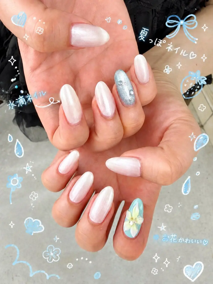 ネイル アートネイル 水色 マグネットネイル ワンカラーネイル ホワイト shiho セプトアカデミーのネイルデザイン