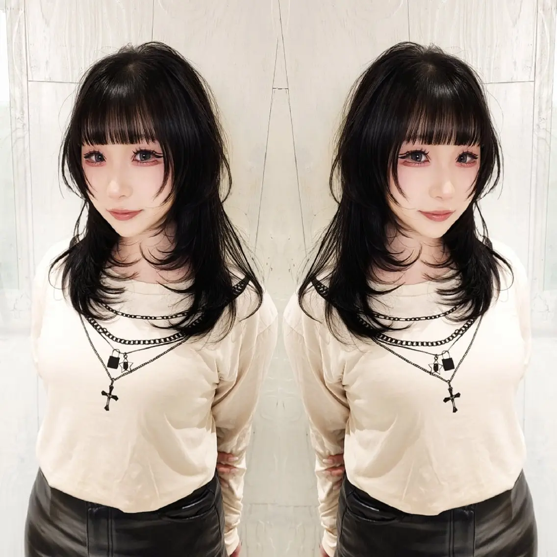 セミロング カラー 黒髪 グレーブラック 顔周りカット ハッシュカット レイヤーカット カット ヘアカラー トリートメント レイヤーカット/ ウルフカット/大橋 のヘアスタイル