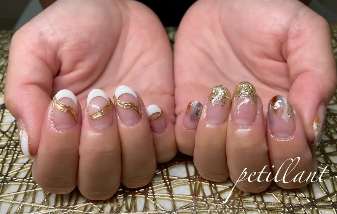 ネイル アートネイル フレンチネイル ゴールド おそろいネイル nail salon petillantのネイルデザイン