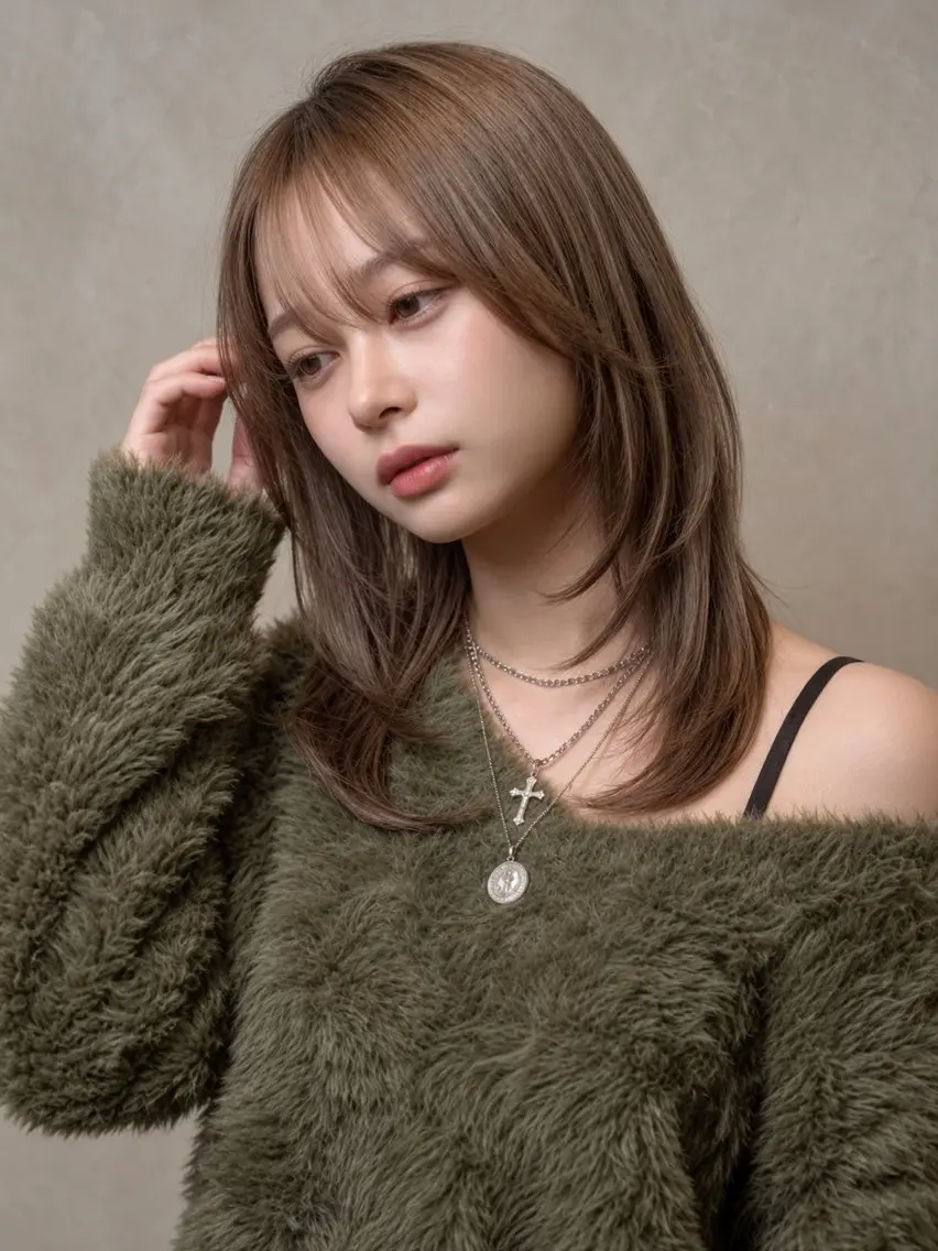 ミディアム アッシュ アッシュブラウン 顔周りカット レイヤーカット シースルーバング カット 新宿🦝レイヤー/ 艶髪カラー/夏鈴🦝のヘアスタイル