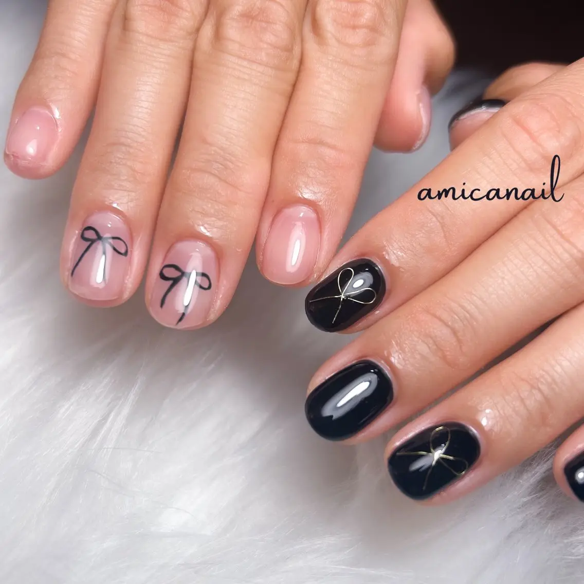 ネイル ネイビー ピンク リボン ハンドネイル _amica nail_のネイルデザイン